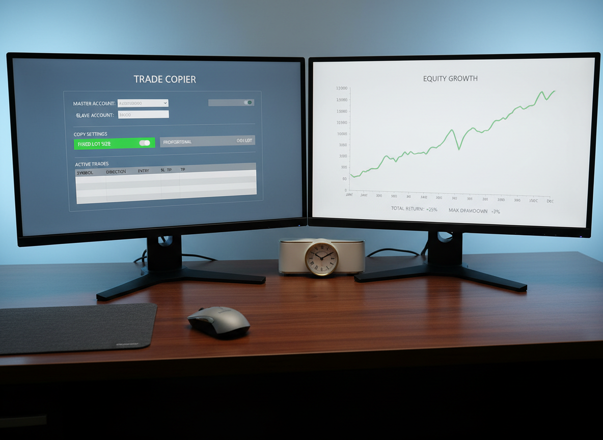 Copy-trading dashboard showing follower accounts and fixed-lot positions