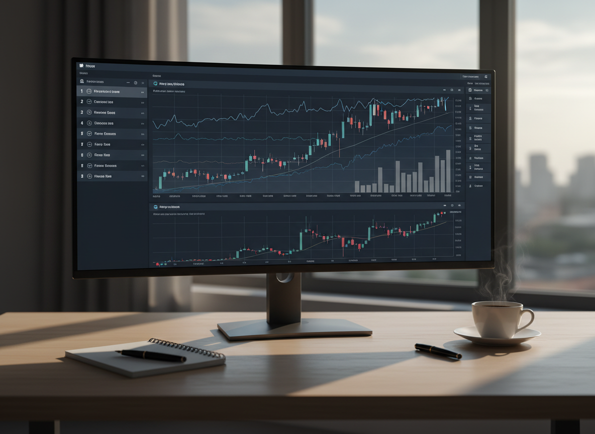 Modern forex trading workspace with charts, notebook, and morning light