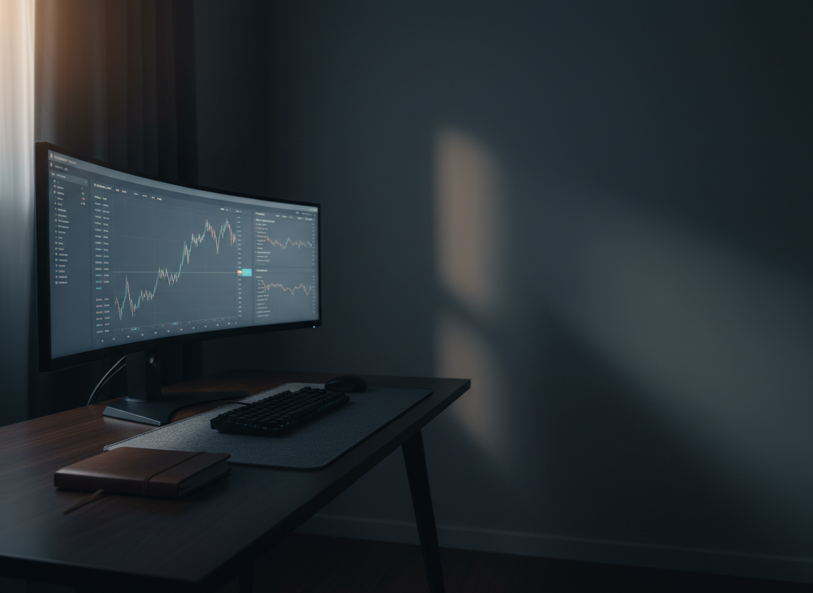 Dark-blue home trading workspace displaying disciplined forex charts
